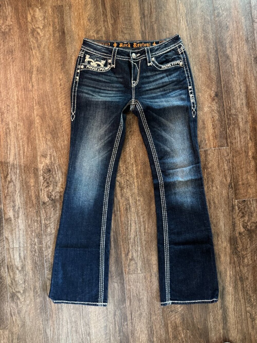 Rock Revival Jenna Boot Cut Jeans Dark Wash Thick Stitch Fleur de Lis Size 28 - Picture 2 of 11